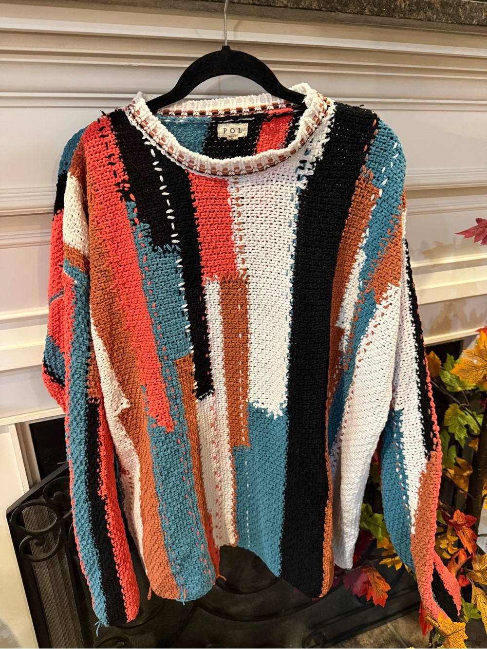 POL Multicolor Abstract Crewneck Sweater - White, Teal, Coral, Black, Brown